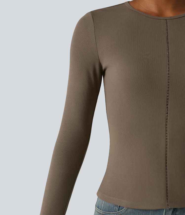 Ribbed Knit Round Neck Long Sleeve Thumb Holes Cut-out Casual T-Shirt