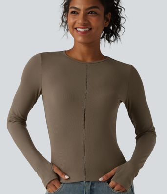 Ribbed Knit Round Neck Long Sleeve Thumb Holes Cut-out Casual T-Shirt