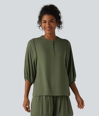 Henley Neck 3/4 Sleeve Linen-Feel Resort Blouse