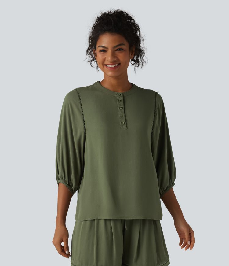 Henley Neck 3/4 Sleeve Linen-Feel Resort Blouse