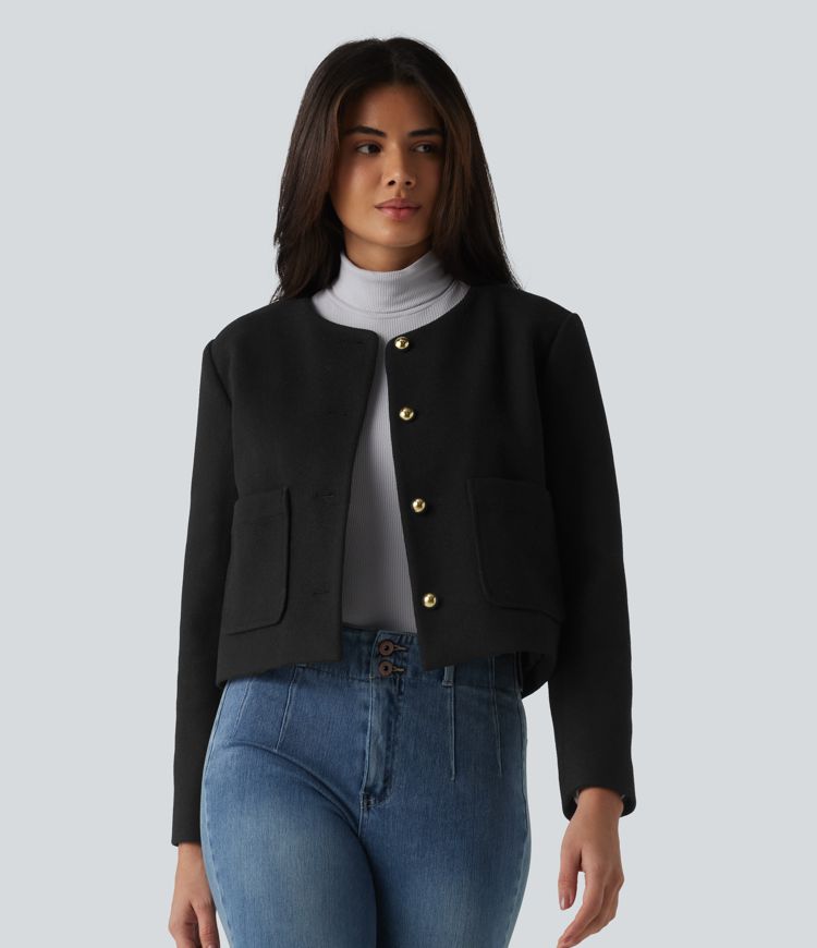 Round Neck Button Fly Work Jacket with Pockets