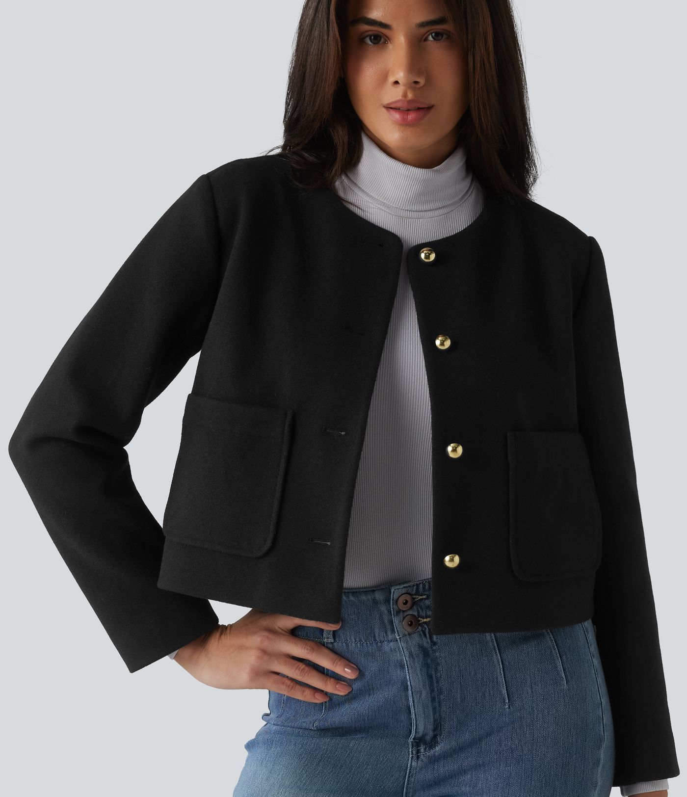 Round Neck Button Fly Work Jacket with Pockets