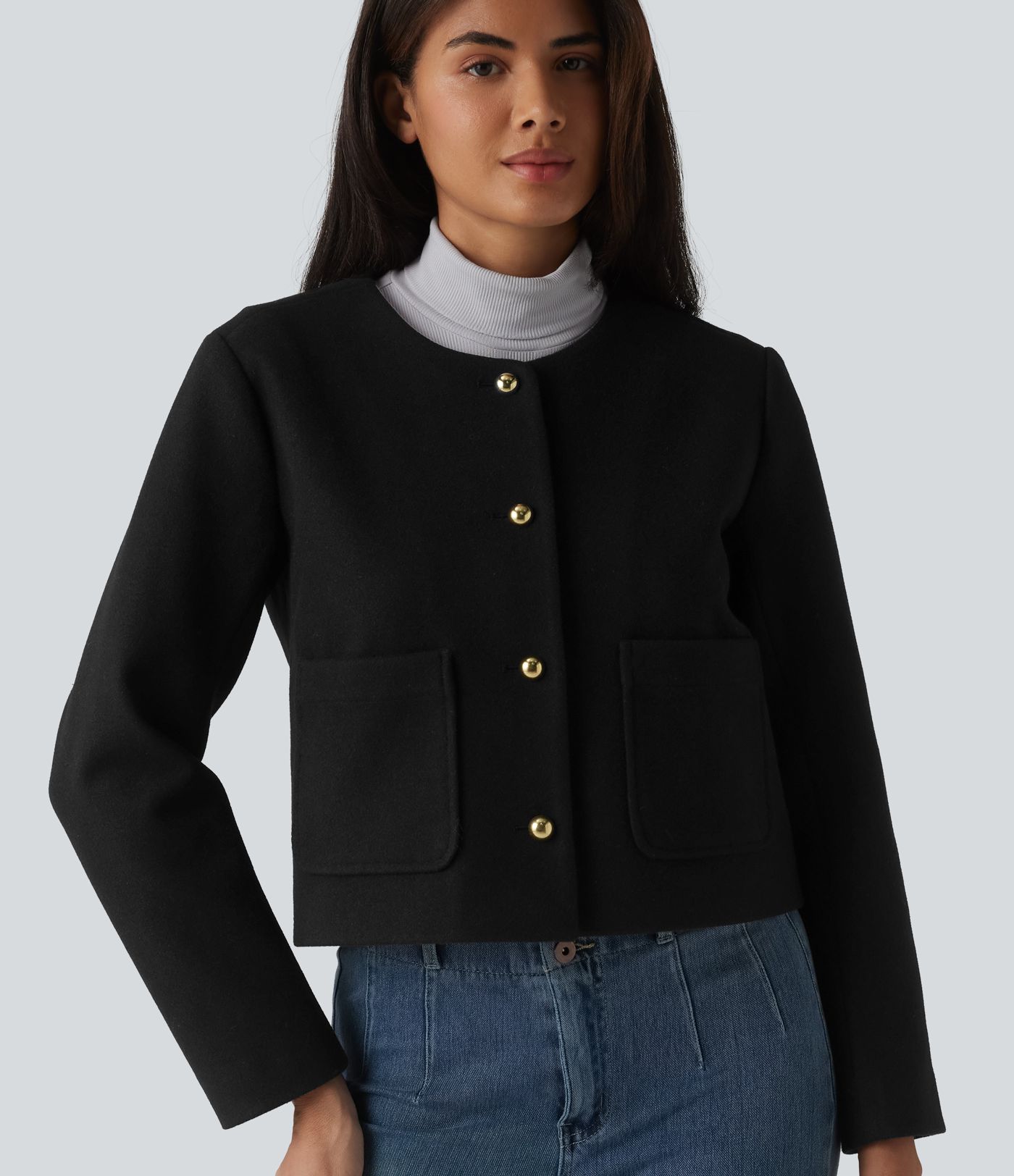 Round Neck Button Fly Work Jacket with Pockets