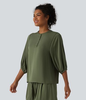 Henley Neck 3/4 Sleeve Linen-Feel Resort Blouse