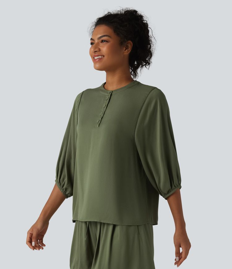 Henley Neck 3/4 Sleeve Linen-Feel Resort Blouse