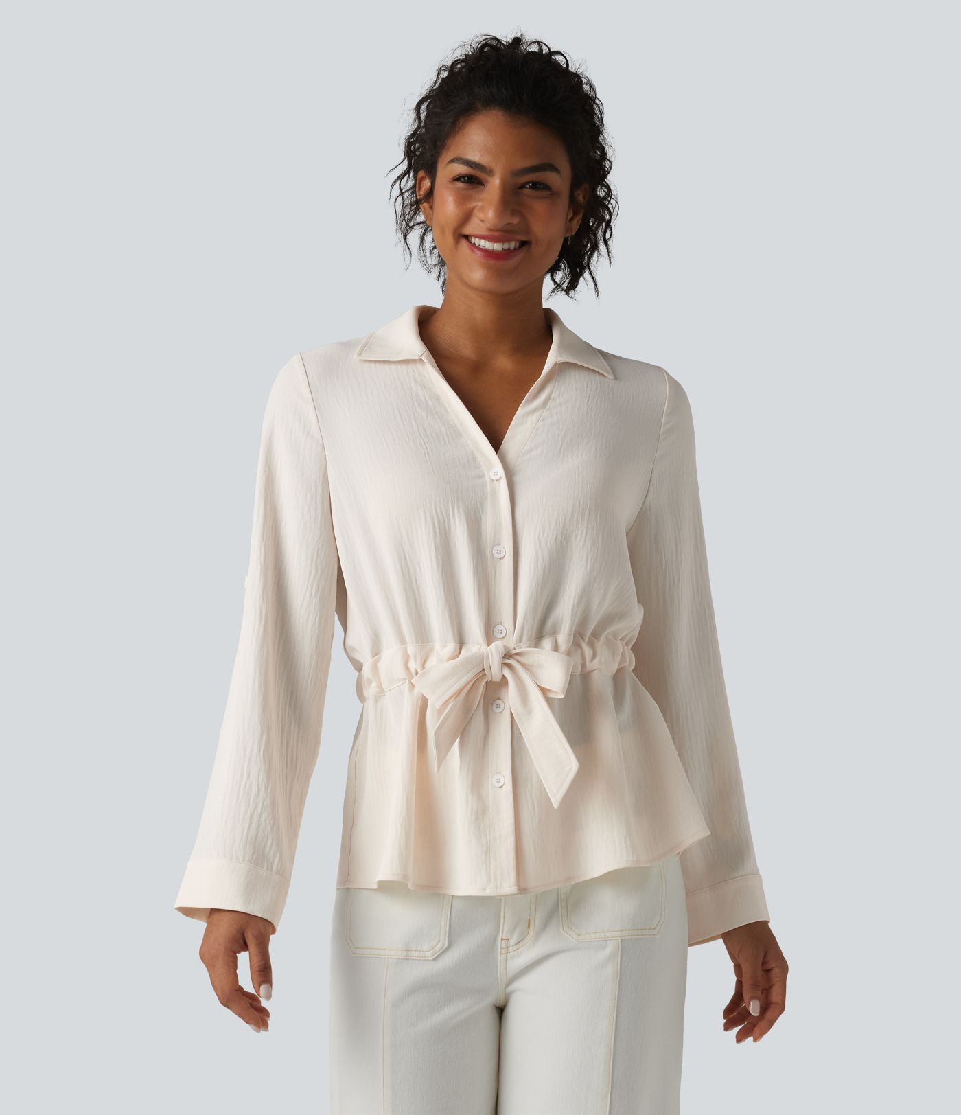 Lapel Roll Up Sleeve Tie Work Linen-Feel Shirt Lapel Roll Up Sleeve Tie Work Linen-Feel Shirt