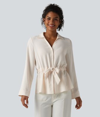 Lapel Roll Up Sleeve Tie Work Linen-Feel Shirt Lapel Roll Up Sleeve Tie Work Linen-Feel Shirt