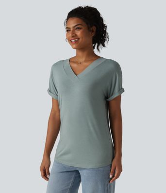 V-neck Batwing Short Sleeve Casual T-Shirt