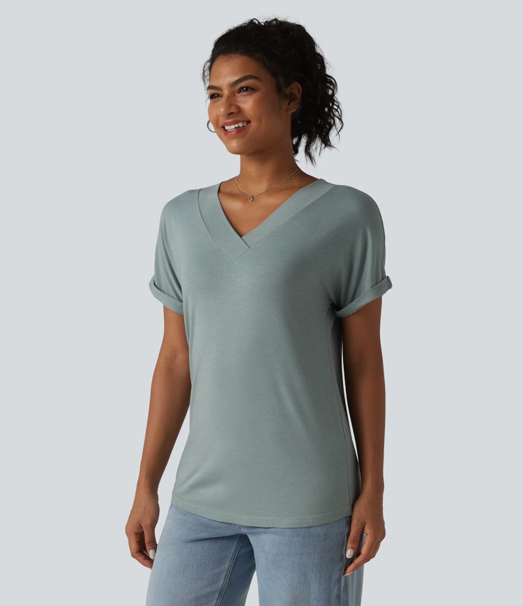 V-neck Batwing Short Sleeve Casual T-Shirt