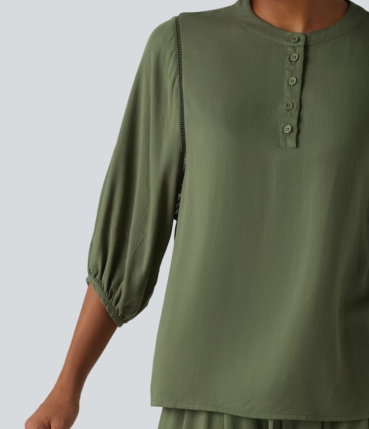 Henley Neck 3/4 Sleeve Linen-Feel Resort Blouse