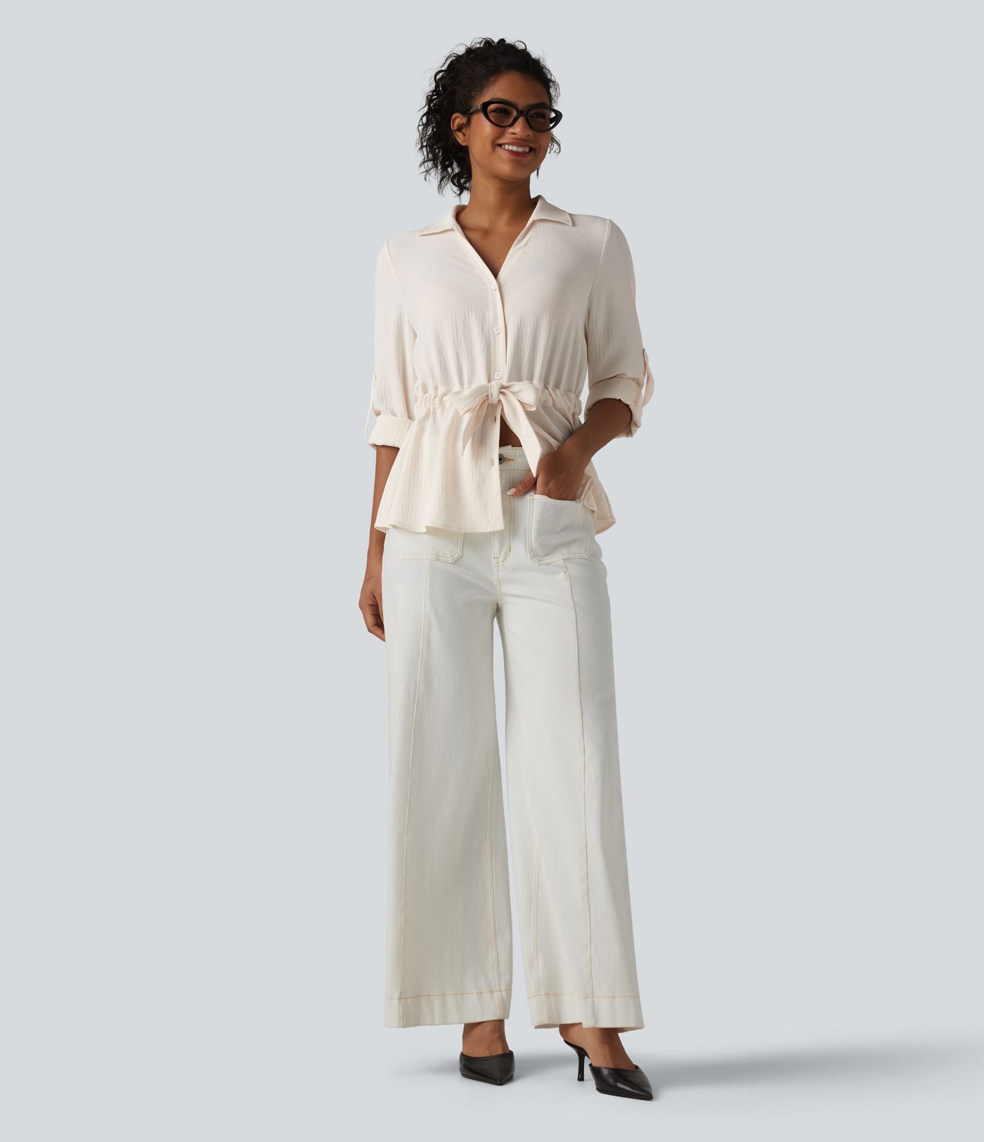 Lapel Roll Up Sleeve Tie Work Linen-Feel Shirt Lapel Roll Up Sleeve Tie Work Linen-Feel Shirt