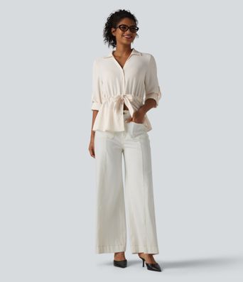 Lapel Roll Up Sleeve Tie Work Linen-Feel Shirt Lapel Roll Up Sleeve Tie Work Linen-Feel Shirt