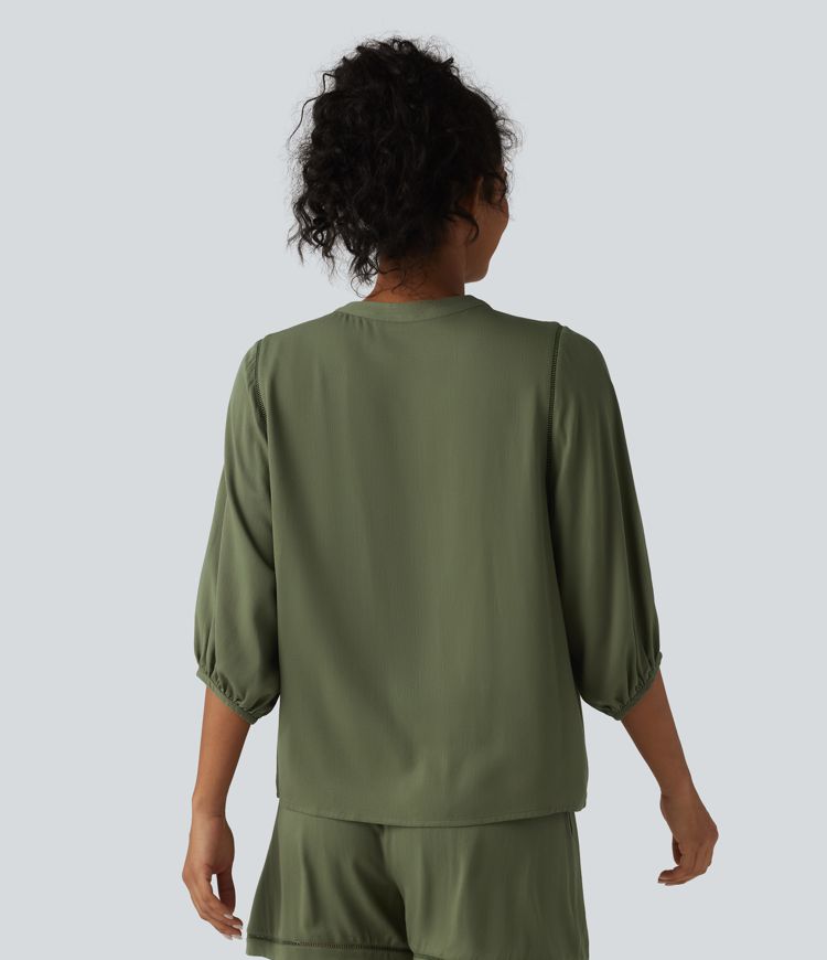 Henley Neck 3/4 Sleeve Linen-Feel Resort Blouse