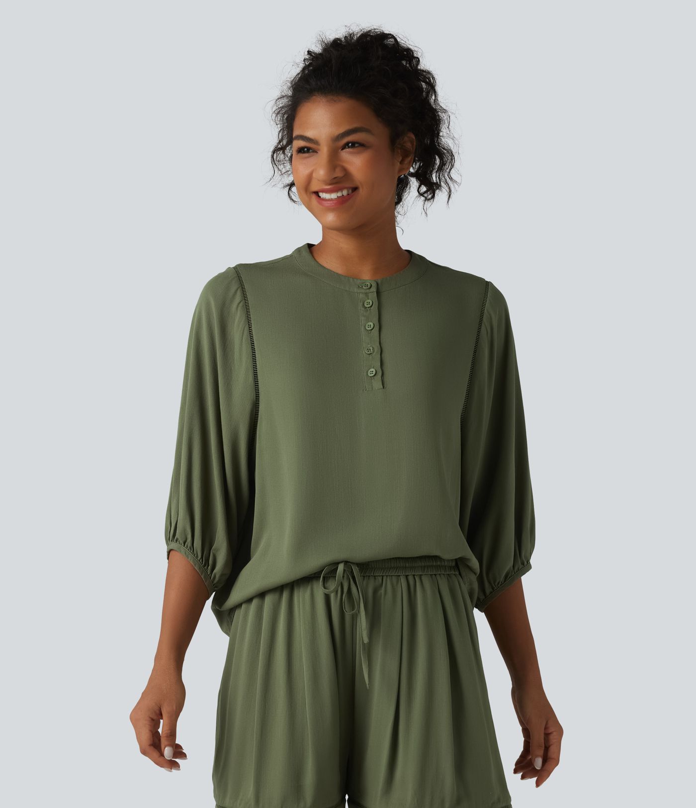 Henley Neck 3/4 Sleeve Linen-Feel Resort Blouse