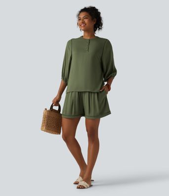 Henley Neck 3/4 Sleeve Linen-Feel Resort Blouse