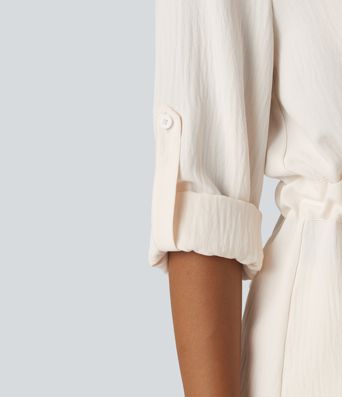 Lapel Roll Up Sleeve Tie Work Linen-Feel Shirt Lapel Roll Up Sleeve Tie Work Linen-Feel Shirt