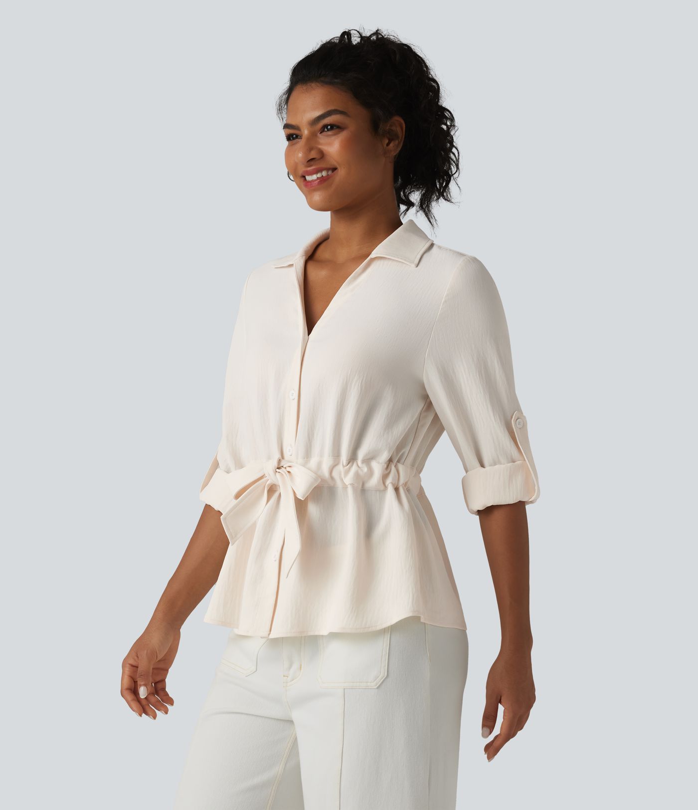 Lapel Roll Up Sleeve Tie Work Linen-Feel Shirt Lapel Roll Up Sleeve Tie Work Linen-Feel Shirt