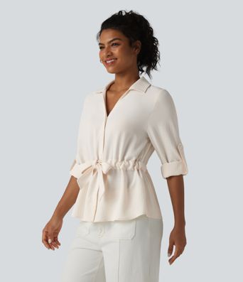 Lapel Roll Up Sleeve Tie Work Linen-Feel Shirt Lapel Roll Up Sleeve Tie Work Linen-Feel Shirt