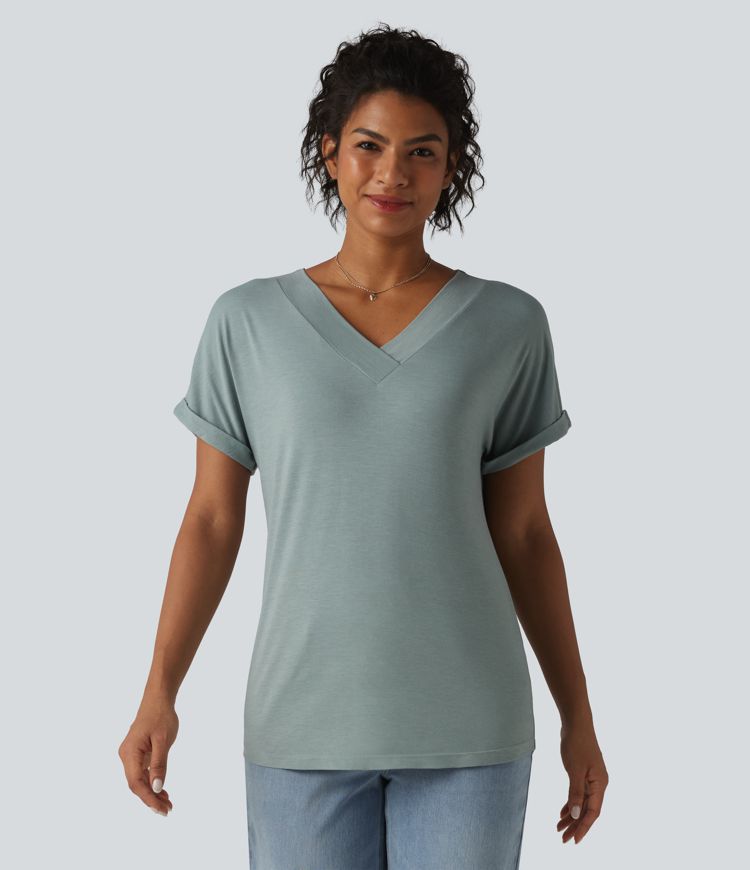 V-neck Batwing Short Sleeve Casual T-Shirt