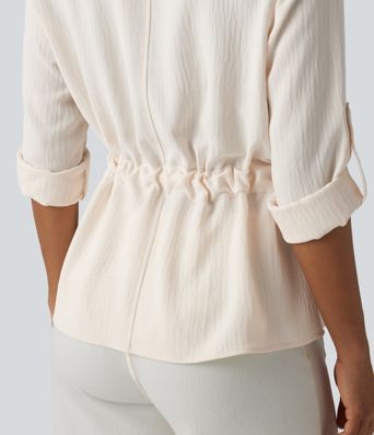 Lapel Roll Up Sleeve Tie Work Linen-Feel Shirt Lapel Roll Up Sleeve Tie Work Linen-Feel Shirt