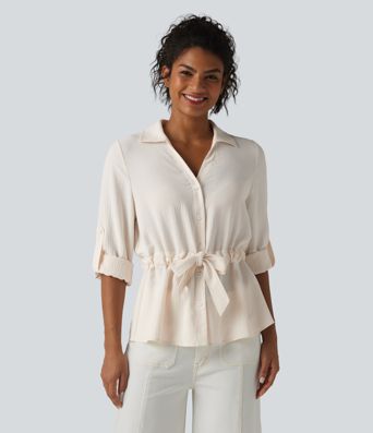Lapel Roll Up Sleeve Tie Work Linen-Feel Shirt Lapel Roll Up Sleeve Tie Work Linen-Feel Shirt