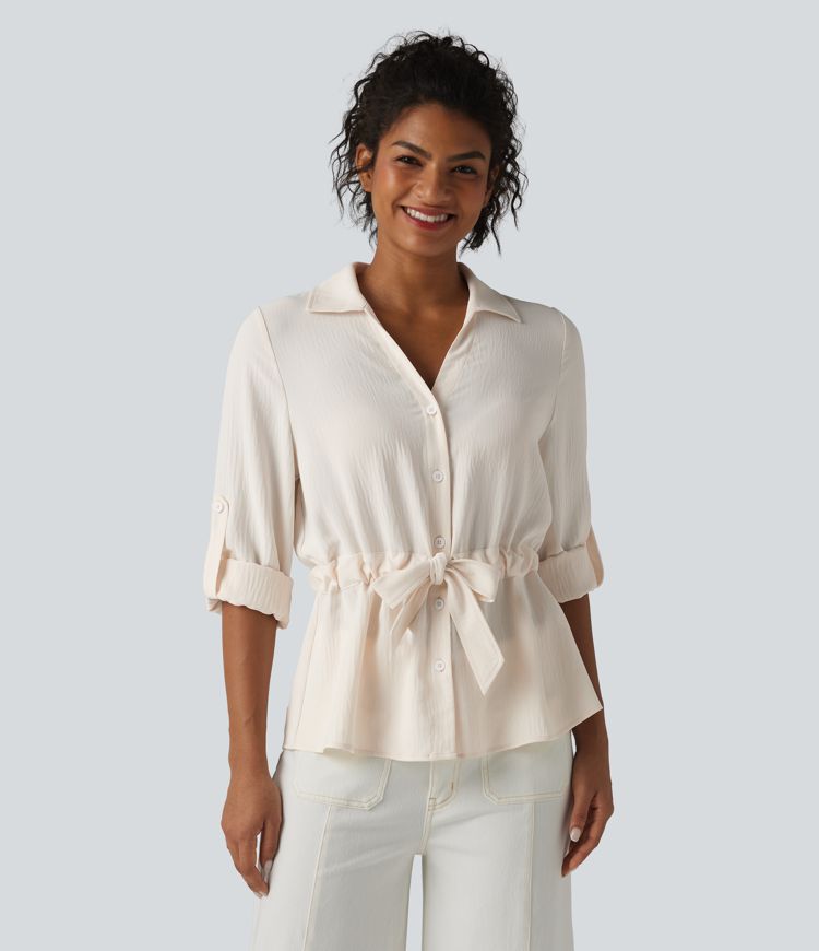 Lapel Roll Up Sleeve Tie Work Linen-Feel Shirt Lapel Roll Up Sleeve Tie Work Linen-Feel Shirt