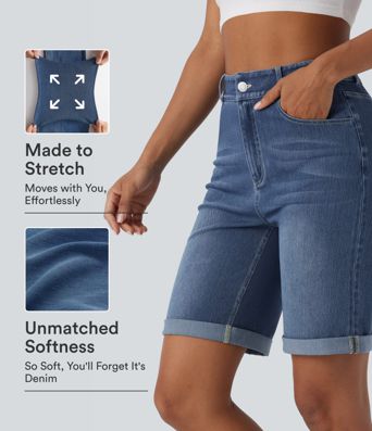 Halara Flex™ High Waisted Pockets Rolled Hem Washed Denim Casual Bermuda Shorts