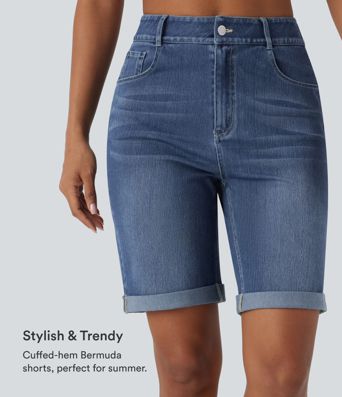Halara Flex™ High Waisted Pockets Rolled Hem Washed Denim Casual Bermuda Shorts