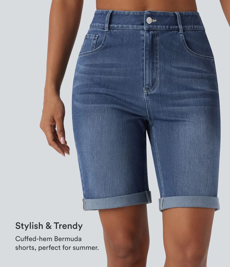 Halara Flex™ High Waisted Pockets Rolled Hem Washed Denim Casual Bermuda Shorts