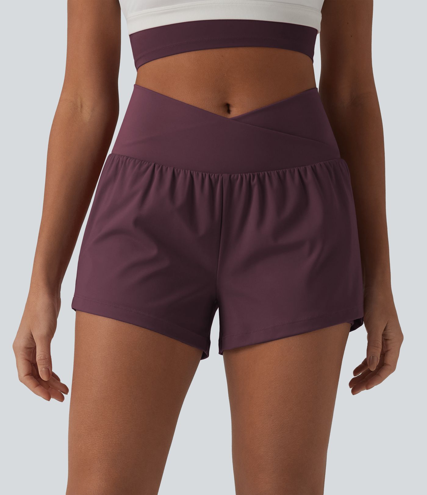 SoftlyZero™ Airy Crossover High Waisted 2-in-1 Cool Touch Yoga Shorts 3'' with Pockets