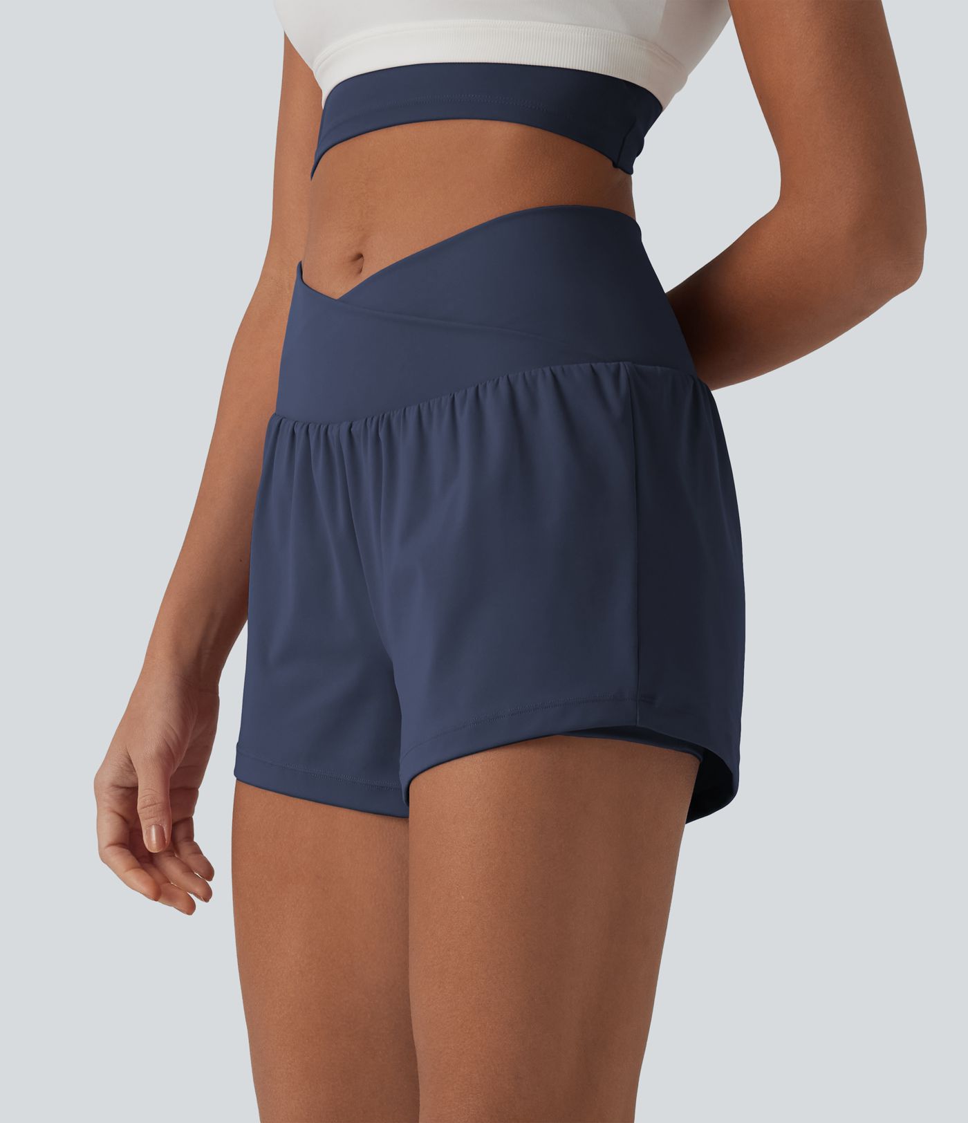 SoftlyZero™ Airy Crossover High Waisted 2-in-1 Cool Touch Yoga Shorts 3'' with Pockets SoftlyZero™ Airy Crossover High Waisted 2-in-1 Cool Touch Yoga Shorts 3'' with Pockets