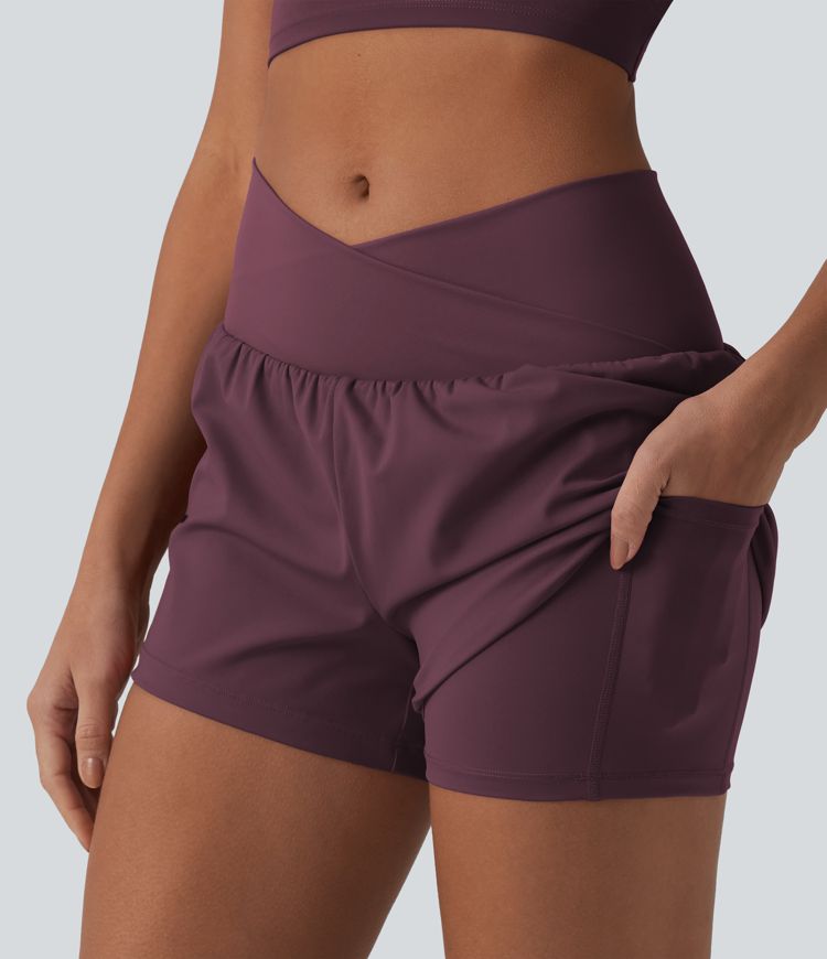 SoftlyZero™ Airy Crossover High Waisted 2-in-1 Cool Touch Yoga Shorts 3'' with Pockets