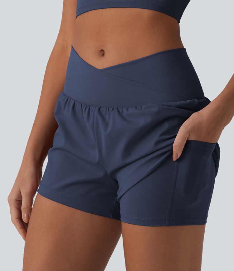 SoftlyZero™ Airy Crossover High Waisted 2-in-1 Cool Touch Yoga Shorts 3'' with Pockets SoftlyZero™ Airy Crossover High Waisted 2-in-1 Cool Touch Yoga Shorts 3'' with Pockets