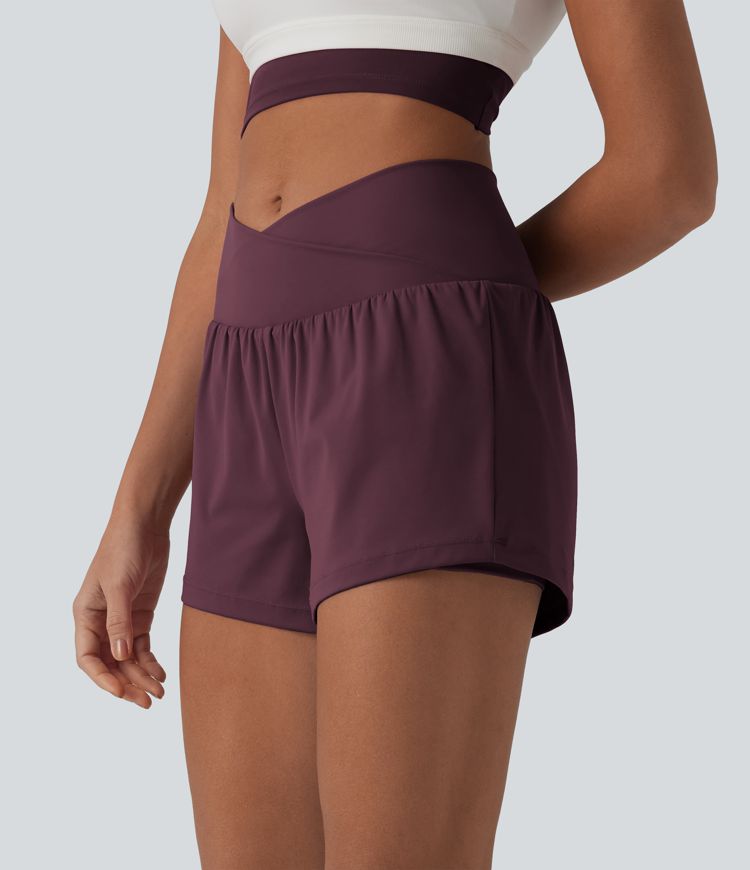 SoftlyZero™ Airy Crossover High Waisted 2-in-1 Cool Touch Yoga Shorts 3'' with Pockets
