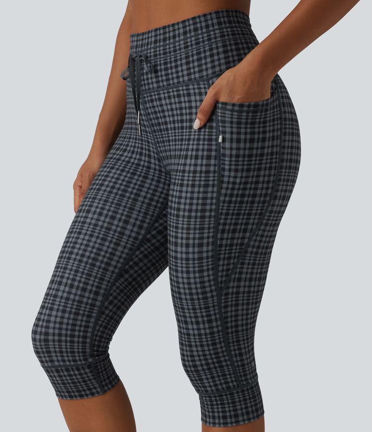Halara UltraSculpt™ Check Plaid Print High Waisted Drawstring Yoga Pedal Pushers Leggings with Pockets