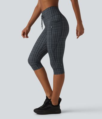 Halara UltraSculpt™ Check Plaid Print High Waisted Drawstring Yoga Pedal Pushers Leggings with Pockets