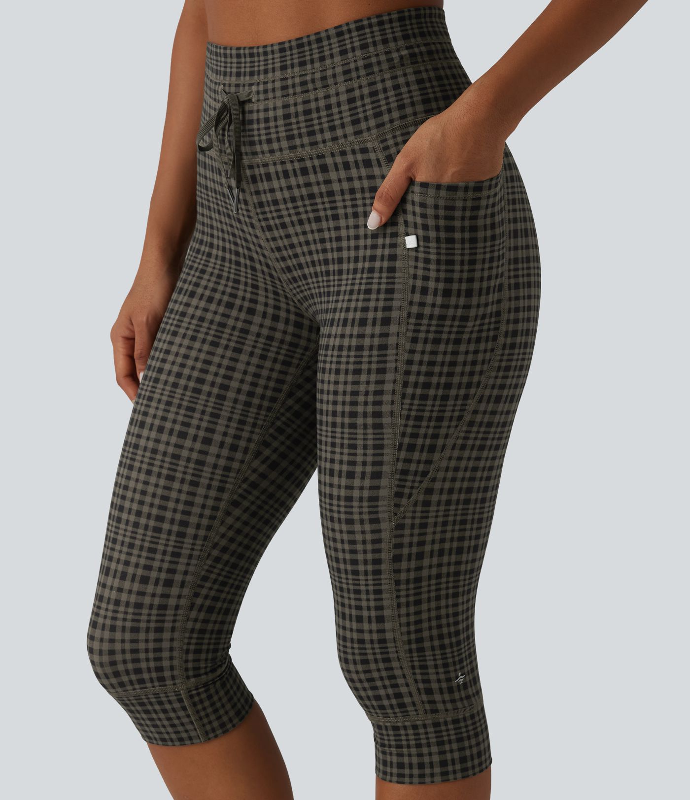 Halara UltraSculpt™ Check Plaid Print High Waisted Drawstring Yoga Pedal Pushers Leggings with Pockets