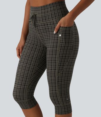 Halara UltraSculpt™ Check Plaid Print High Waisted Drawstring Yoga Pedal Pushers Leggings with Pockets