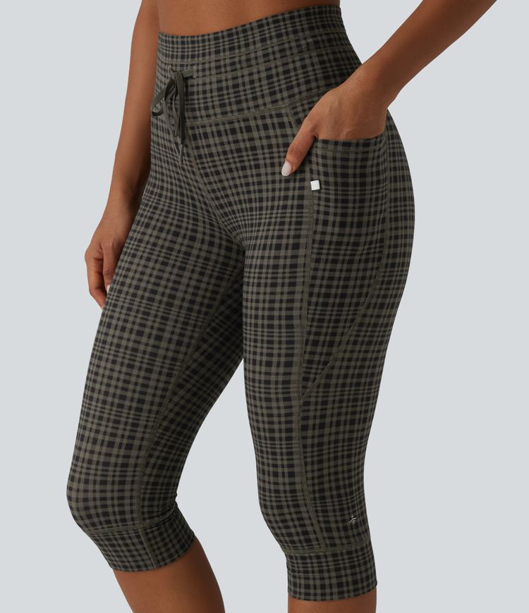 Halara UltraSculpt™ Check Plaid Print High Waisted Drawstring Yoga Pedal Pushers Leggings with Pockets