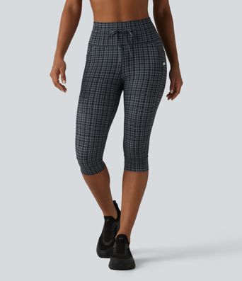 Halara UltraSculpt™ Check Plaid Print High Waisted Drawstring Yoga Pedal Pushers Leggings with Pockets