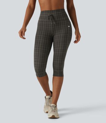 Halara UltraSculpt™ Check Plaid Print High Waisted Drawstring Yoga Pedal Pushers Leggings with Pockets