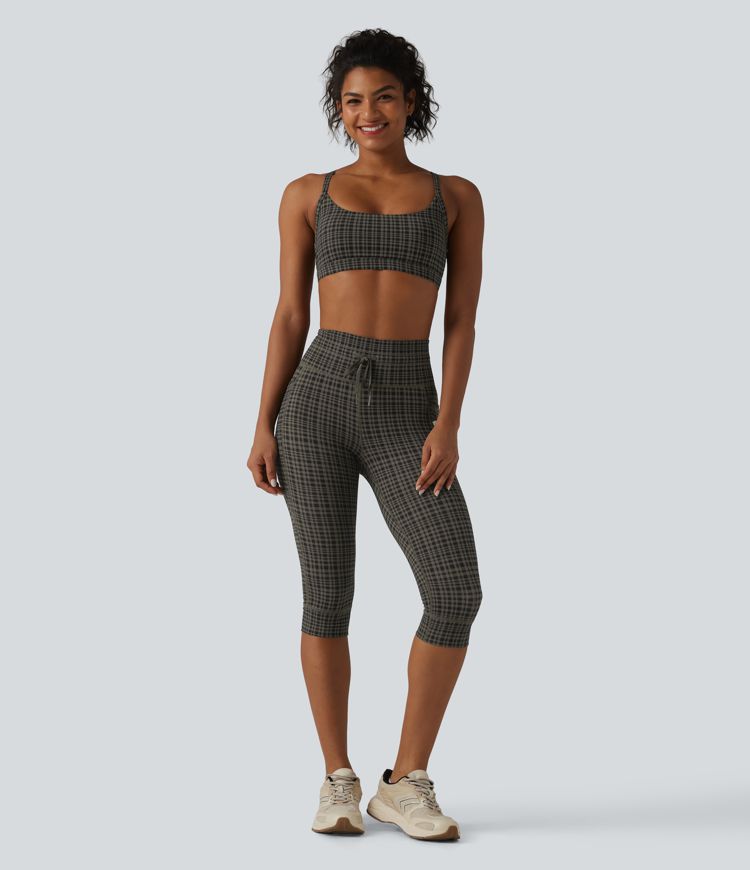 Halara UltraSculpt™ Check Plaid Print High Waisted Drawstring Yoga Pedal Pushers Leggings with Pockets