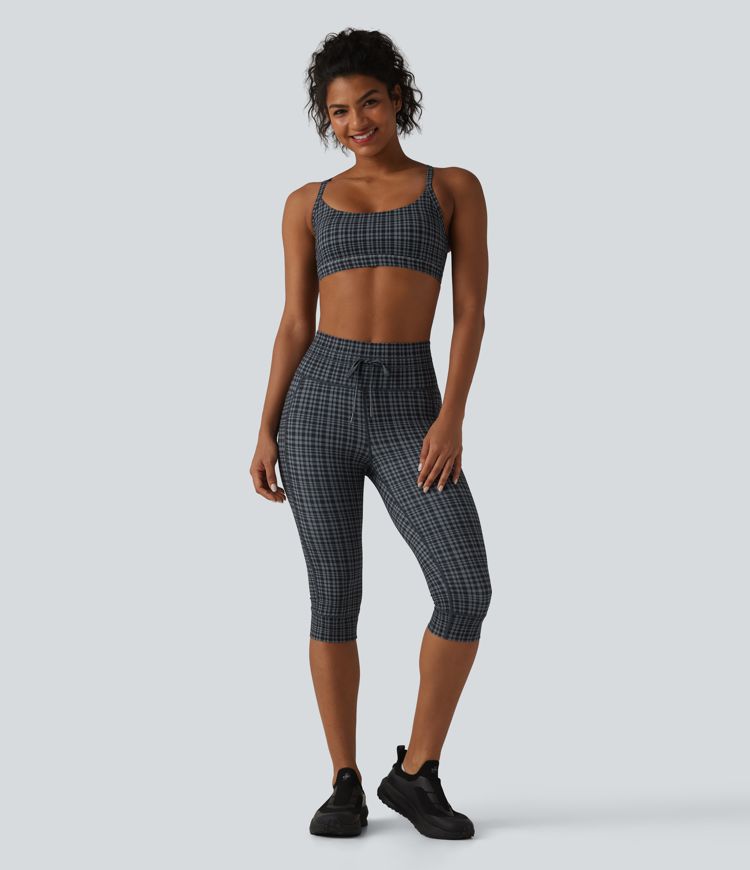 Halara UltraSculpt™ Check Plaid Print High Waisted Drawstring Yoga Pedal Pushers Leggings with Pockets