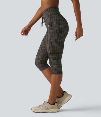 Halara UltraSculpt™ Check Plaid Print High Waisted Drawstring Yoga Pedal Pushers Leggings with Pockets