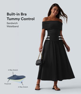 Off-shoulder Tummy Control Ruched Built-in Bra Maxi Flowy Casual Dress A-D Cups