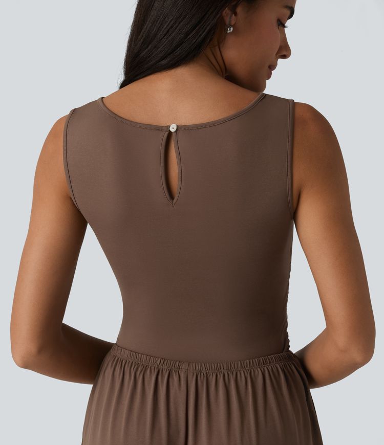 Boat Neck Sleeveless Ruched Wide Leg Casual Jumpsuit with Pockets-Easy Peezy Edition