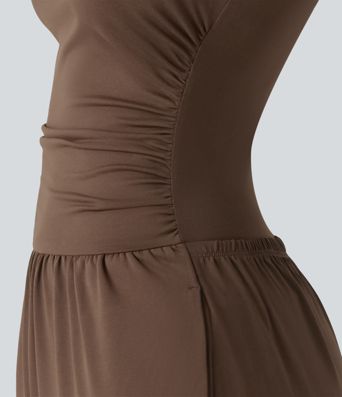 Boat Neck Sleeveless Ruched Wide Leg Casual Jumpsuit with Pockets-Easy Peezy Edition