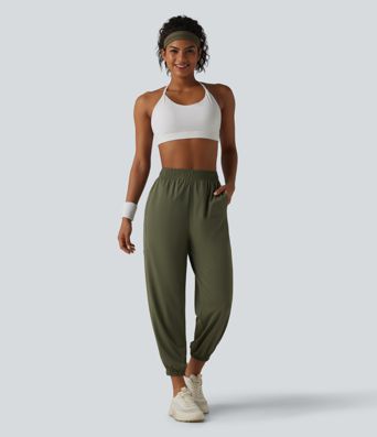 Pantalon de jogging de sport taille haute en maille contrastée respirante avec poches - Protection solaire UPF50+