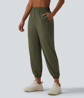 Pantalon de jogging de sport taille haute en maille contrastée respirante avec poches - Protection solaire UPF50+