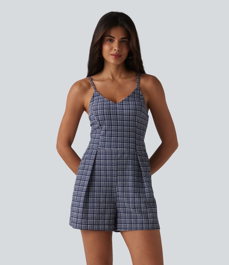 V-neck Sleeveless Plaid Crinkle Quick Dry Resort Romper with Pockets-Easy Peezy V-neck Sleeveless Plaid Crinkle Quick Dry Resort Romper with Pockets-Easy Peezy